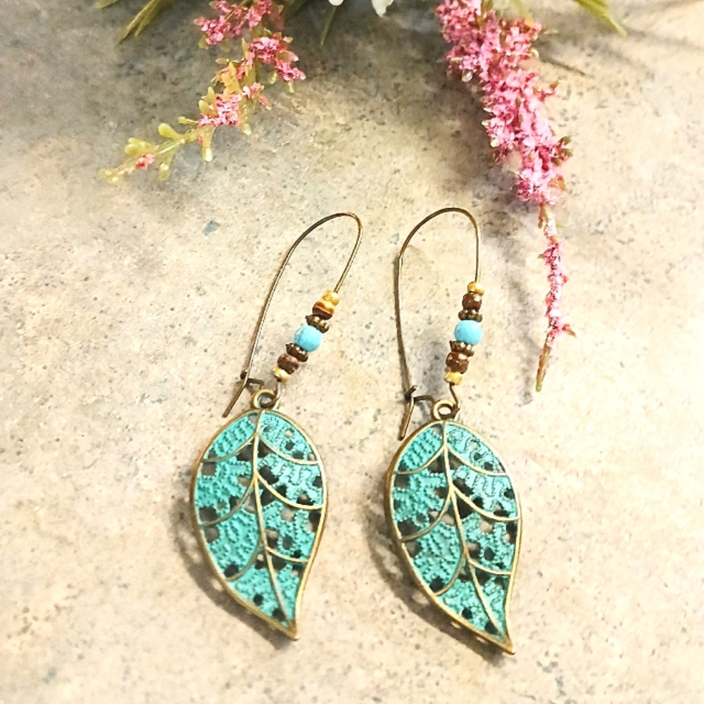 NWOT Boho Turquoise & Bronze Leaf Earrings